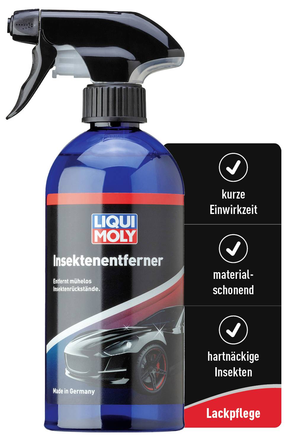 Modro-čierna rozprašovacia fľaša Liqui Moly 'Odstraňovač hmyzu', propagovaná ako šetrná k materiálom, s krátkou dobou pôsobenia, vyrobená v Nemecku.