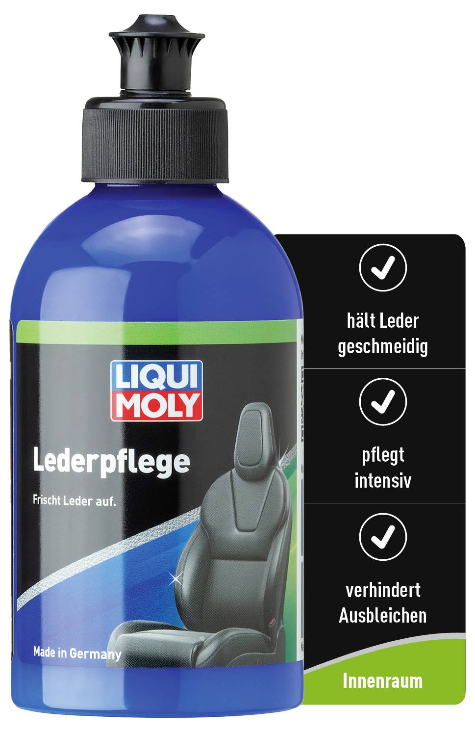 Ošetrovacia fľaša na kožu od Liqui Moly. Sľubuje udržiavať kožu pružnou, intenzívne ju ošetrovať a zabrániť vyblednutiu.