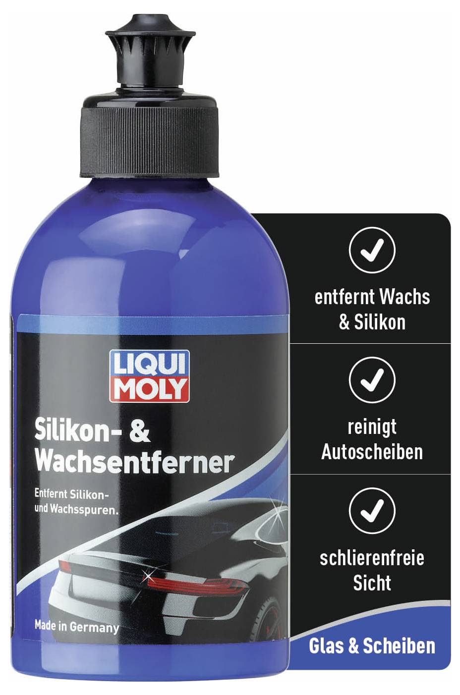 'LIQUI MOLY Odstraňovač silikónu a vosku' fľaša. Odstraňuje silikón a vosk z autoskiel, zabezpečuje bezchybný výhľad bez šmúh. Vyrobené v Nemecku.