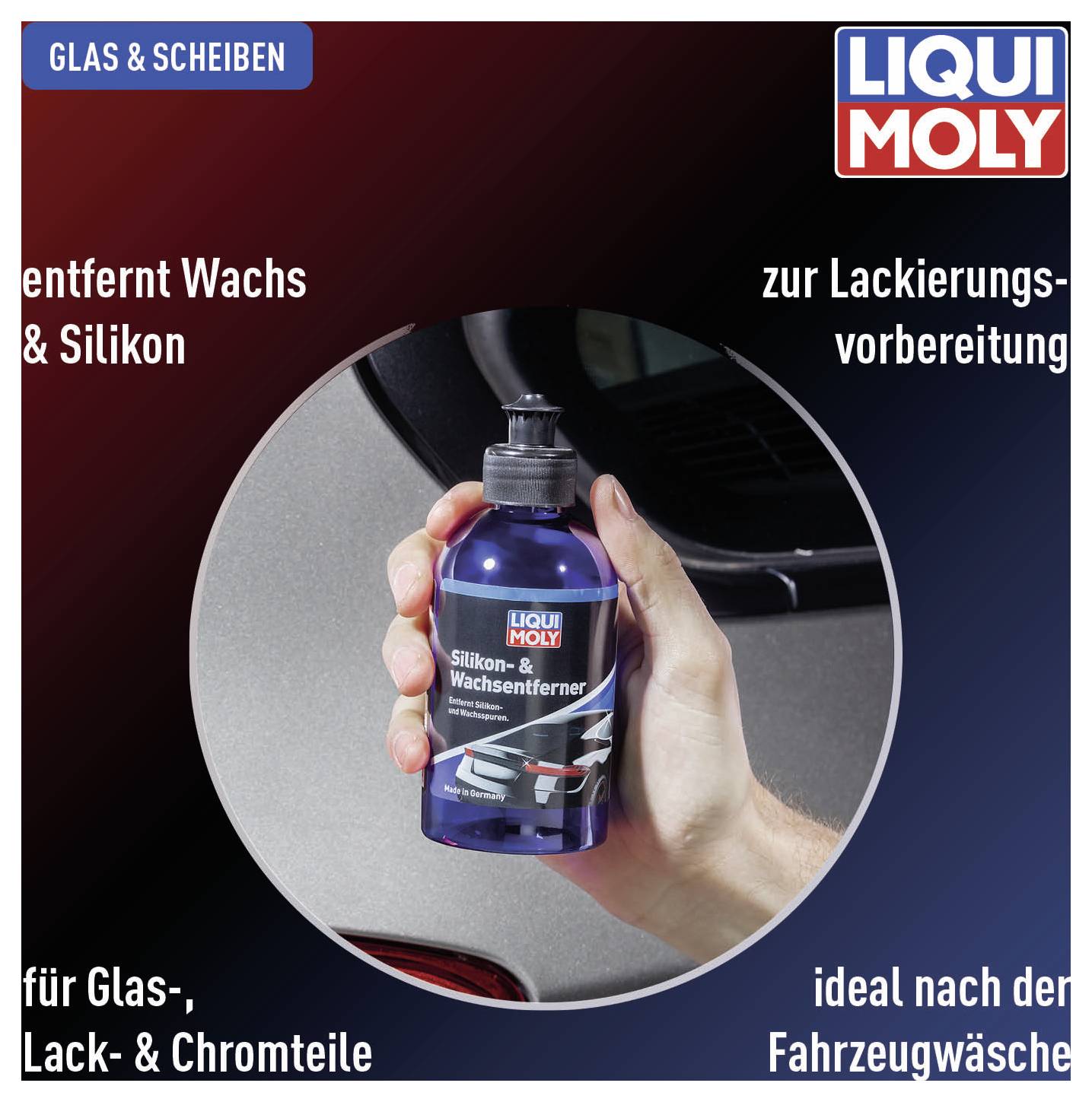 Ruka drží fľašu 'Liqui Moly odstraňovač silikónu a vosku' pred autooblokom. Text popisuje použitie na prípravu pred lakovaním a umývaním vozidla.