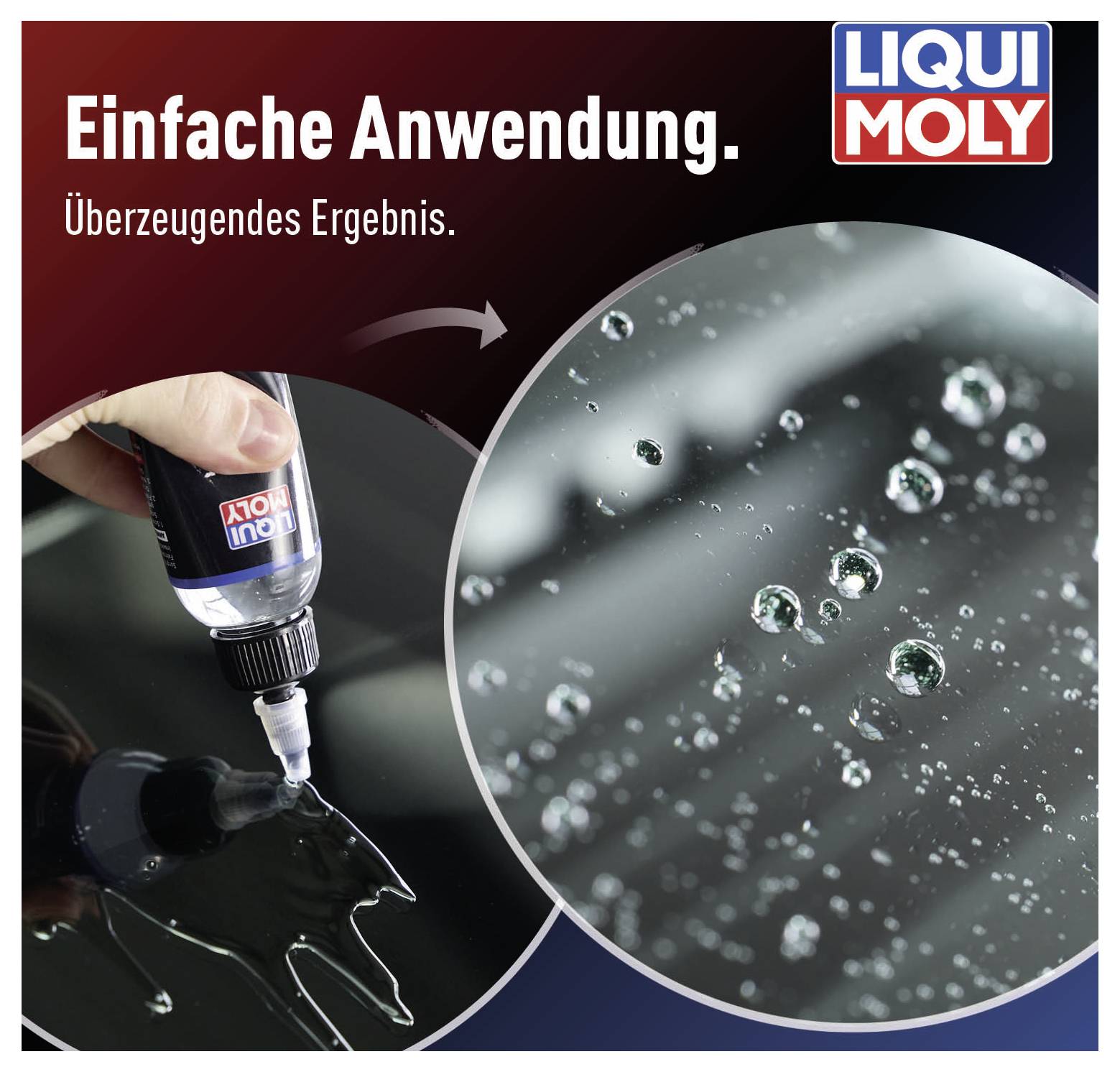 'LIQUI MOLY' Použitie produktu na skle s vodoodpudzujúcim efektom; vľavo aplikácia, vpravo vodné kvapky na sklenom povrchu.