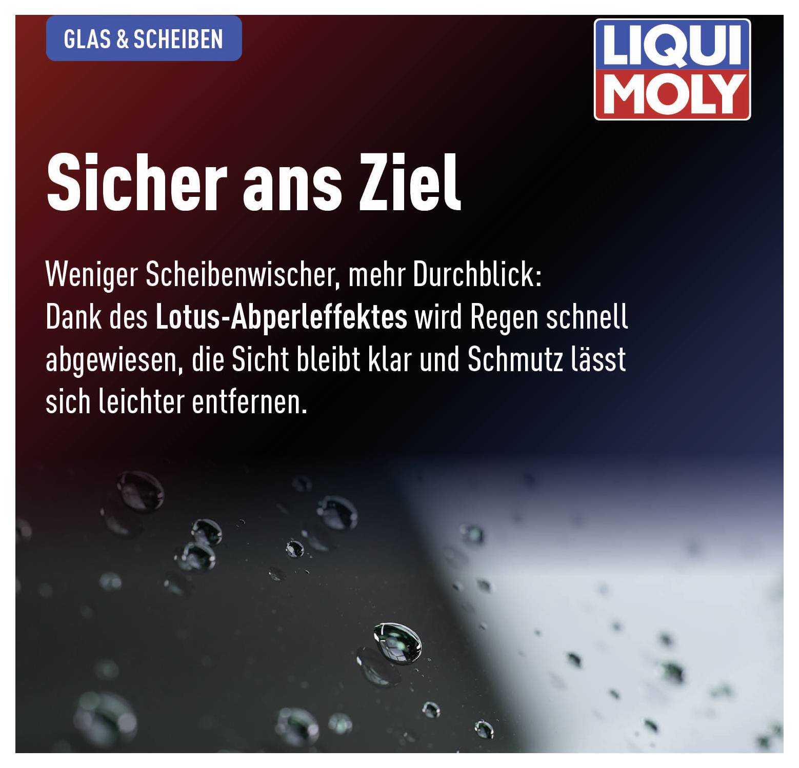 Reklama LIQUI MOLY pre starostlivosť o sklo a čelné sklá. Text: Bezpečne do cieľa. Popis lotosového samočistiaceho efektu pre lepšiu viditeľnosť.