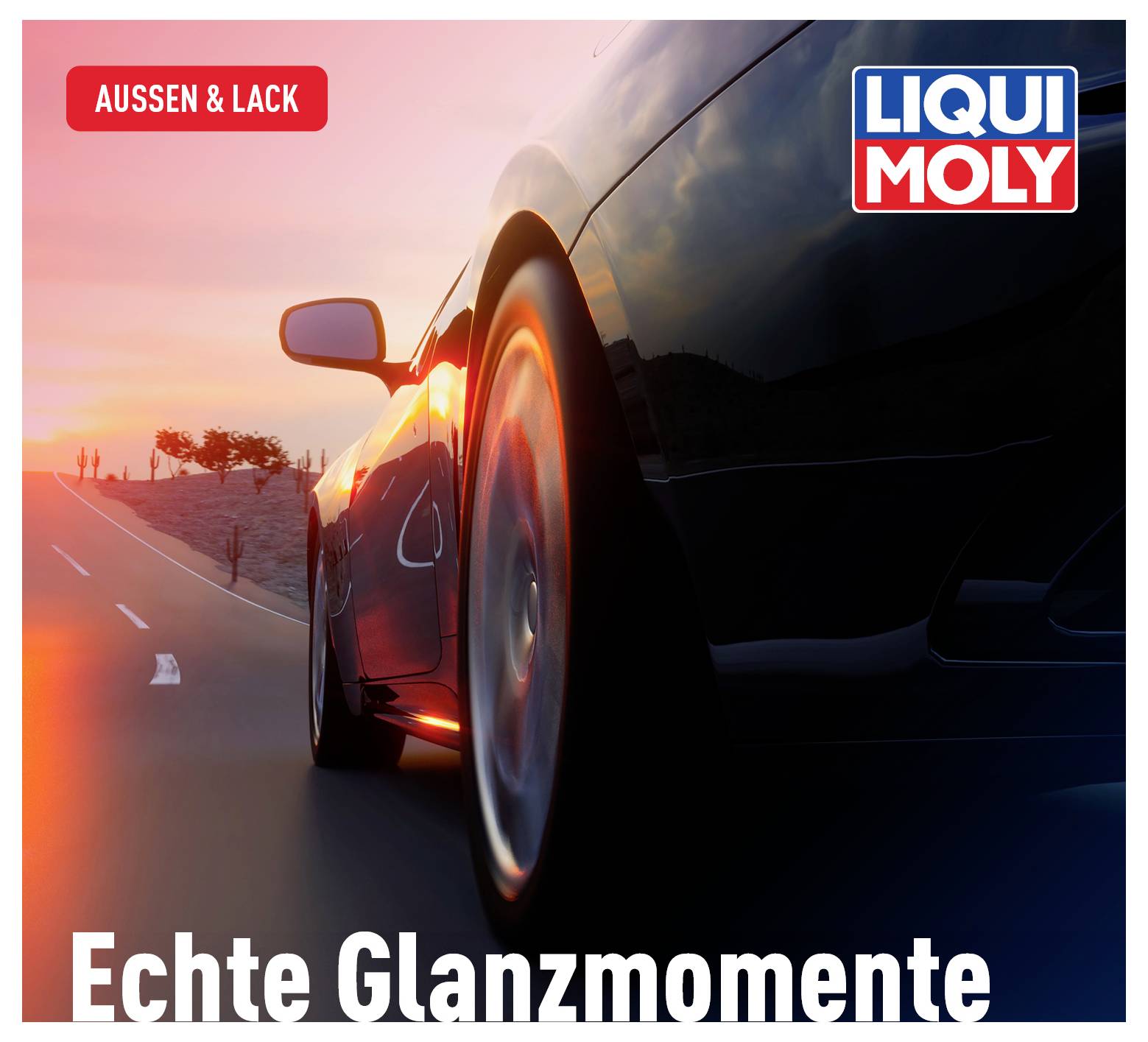 Auto jazdí po ceste počas západu slnka. Odrazy na laku. Text: 'EXTERIÉR A LAK', 'Ozajstné skvostné momenty', Logo značky v hornom pravom rohu.