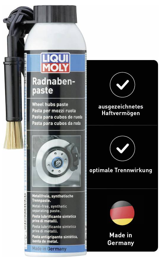 Dávka s 'Liqui Moly Pastou na náboje kolies', štetec vľavo, detaily: výnimočná priľnavosť, optimálne separačné vlastnosti, vyrobené v Nemecku.