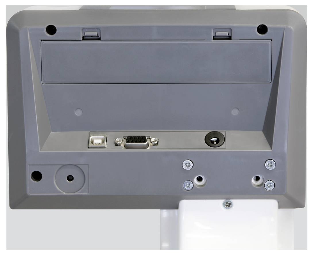 Zadná strana sivého elektronického zariadenia s rôznymi konektormi vrátane USB portu a VGA konektora.