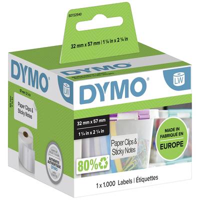 Balenie 'DYMO' s bielymi papierovými etiketami (32 mm x 57 mm). Obsahuje 1 000 etikiet. Poznámka: 'Vyrobené v Európe'.
