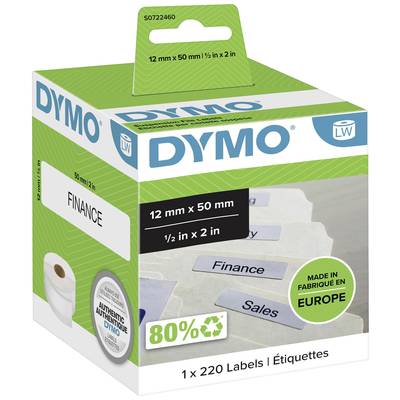 Štítkovacia krabica od DYMO. Obsahuje 220 bielych štítkov, veľkosť 12 mm x 50 mm, s potlačou 'Finance'. Vyrobené v Európe.