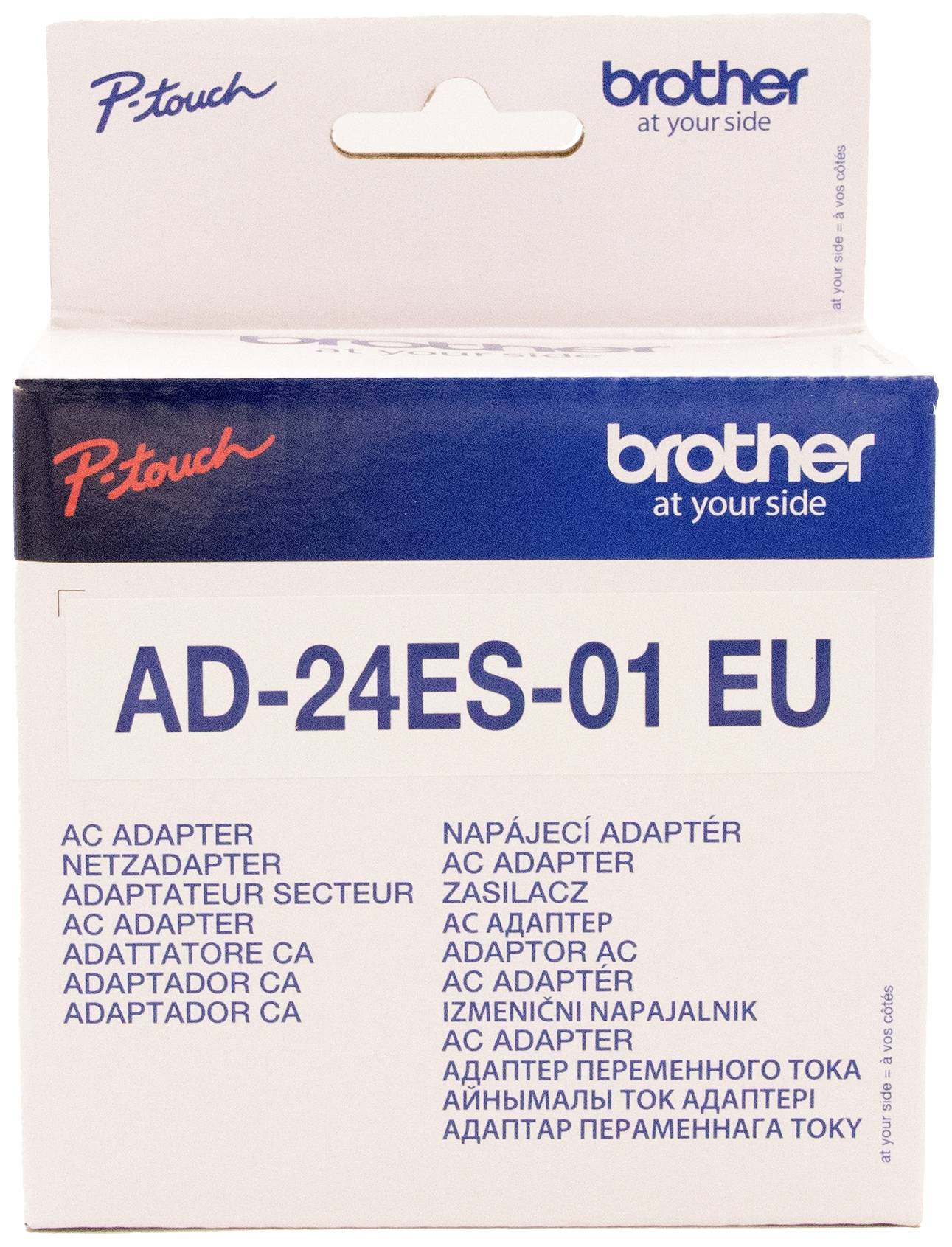 Balenie sieťového adaptéra "Brother AD-24ES-01 EU" vo viacerých jazykoch.