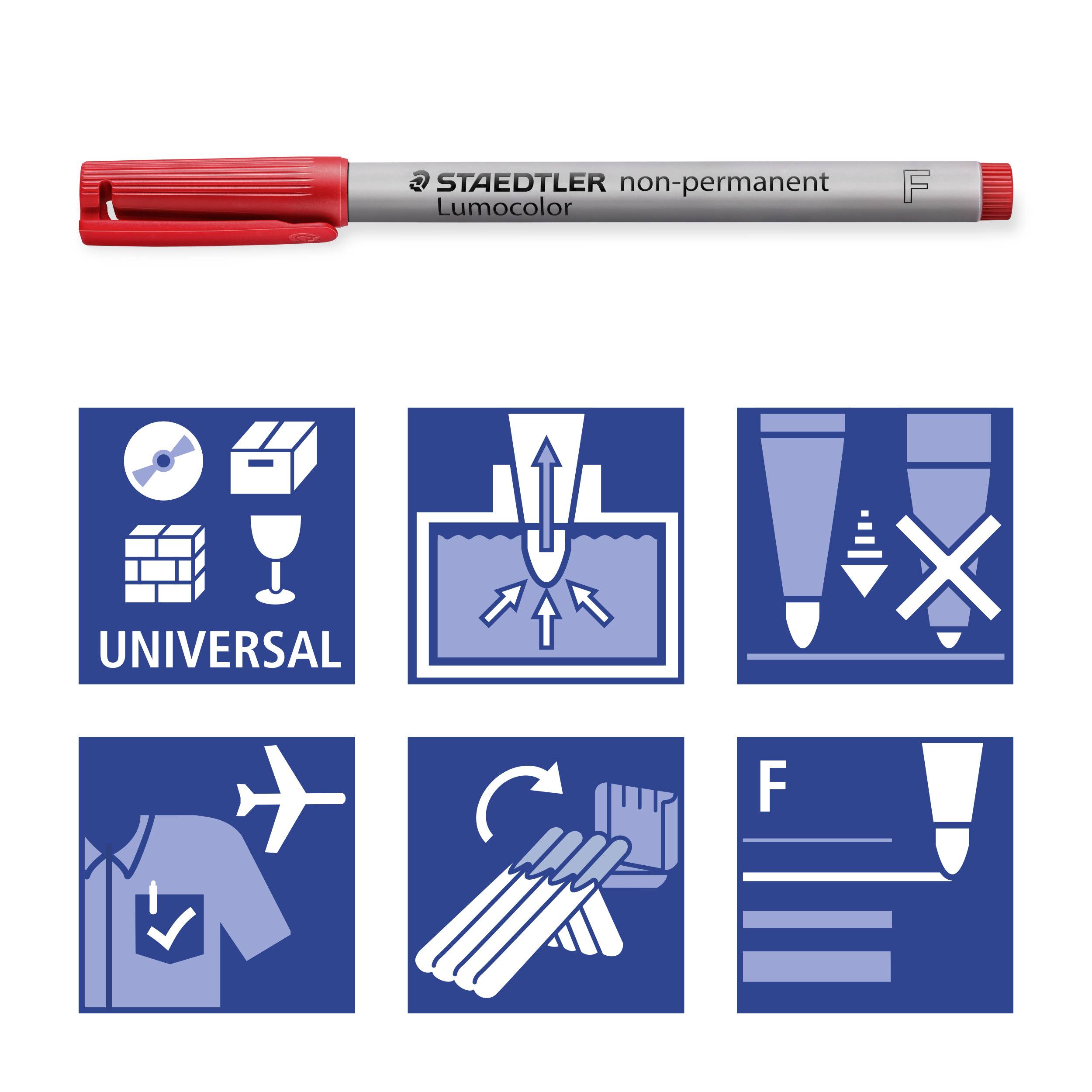 Permanentný popisovač Staedtler Lumocolor s červeným uzáverom, modré ikony znázorňujú vlastnosti ako univerzálne použitie a zmývateľný atrament.