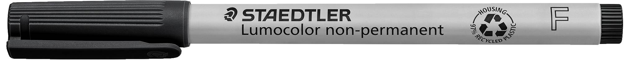 Sivý Staedtler Lumocolor popisovač, netrvalý, s recyklačným symbolom a jemným hrotom.