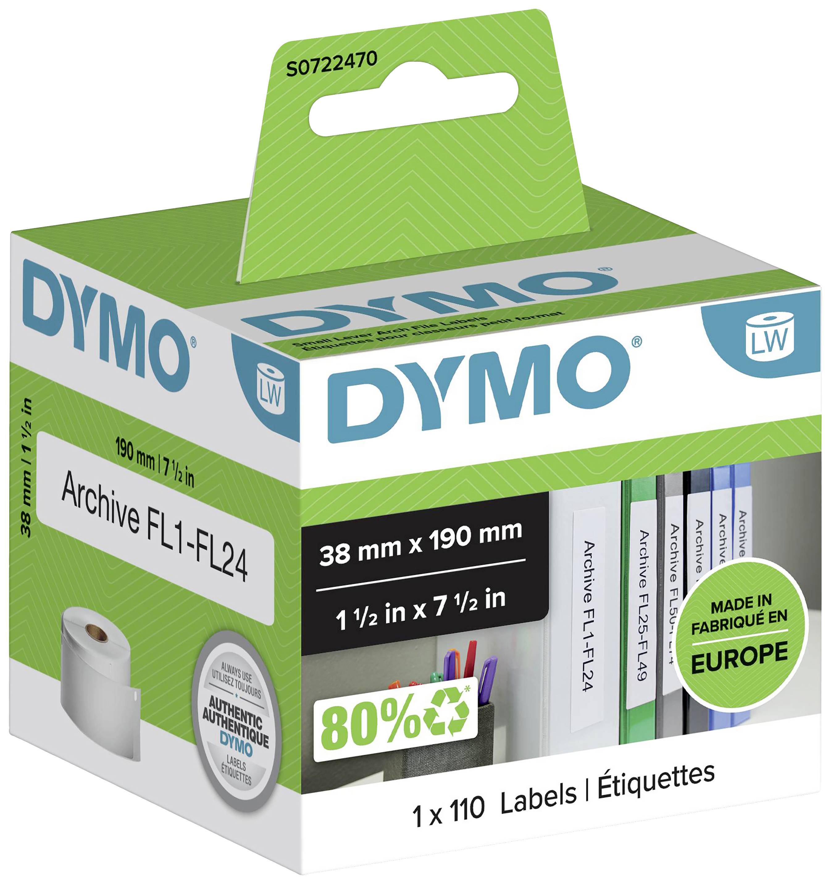 Obal rolky štítkov DYMO: 'Archív FL1-FL24', obsahuje 80% recyklovaného materiálu, vyrobené v Európe.