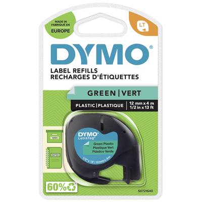 Náhradná etiketa pre DYMO LetraTag, zelená, plast, 12 mm x 4 m, vyrobená v Európe, 60 % recyklovaného materiálu.