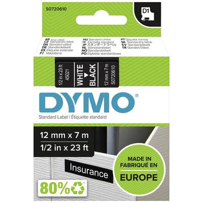 Etiketa DYMO, 12 mm x 7 m, čierna na bielom podklade, s nápisom 'Insurance', vyrobená v Európe, 80% recyklovaná.