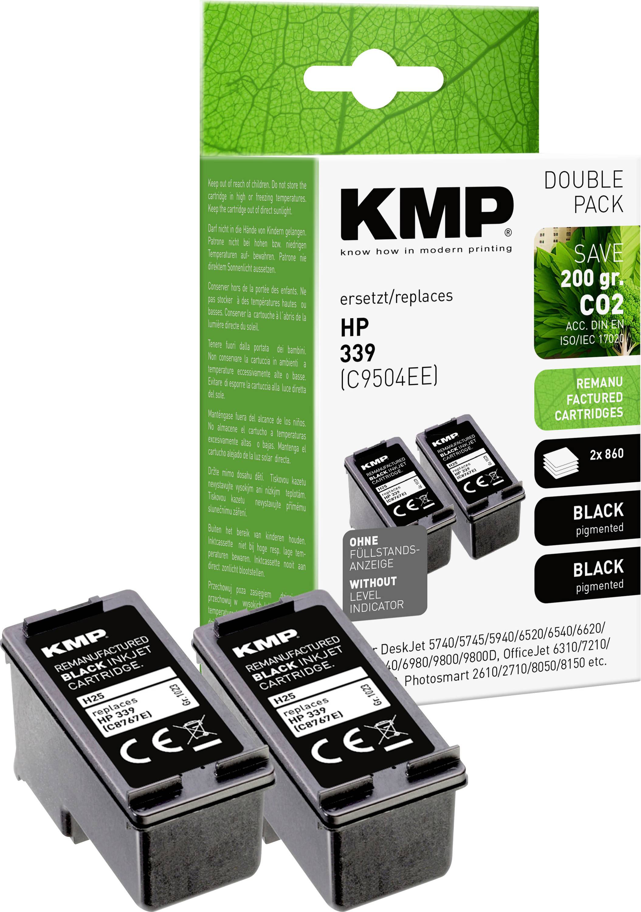Dva čierne atramentové cartridge KMP (náhrada za HP 339) pred obalom. Obal zobrazuje nápis 'USPORÍ 200 gr. CO2' a 'REPASOVANÉ ATRAMENTOVÉ CARTRIDGE'.