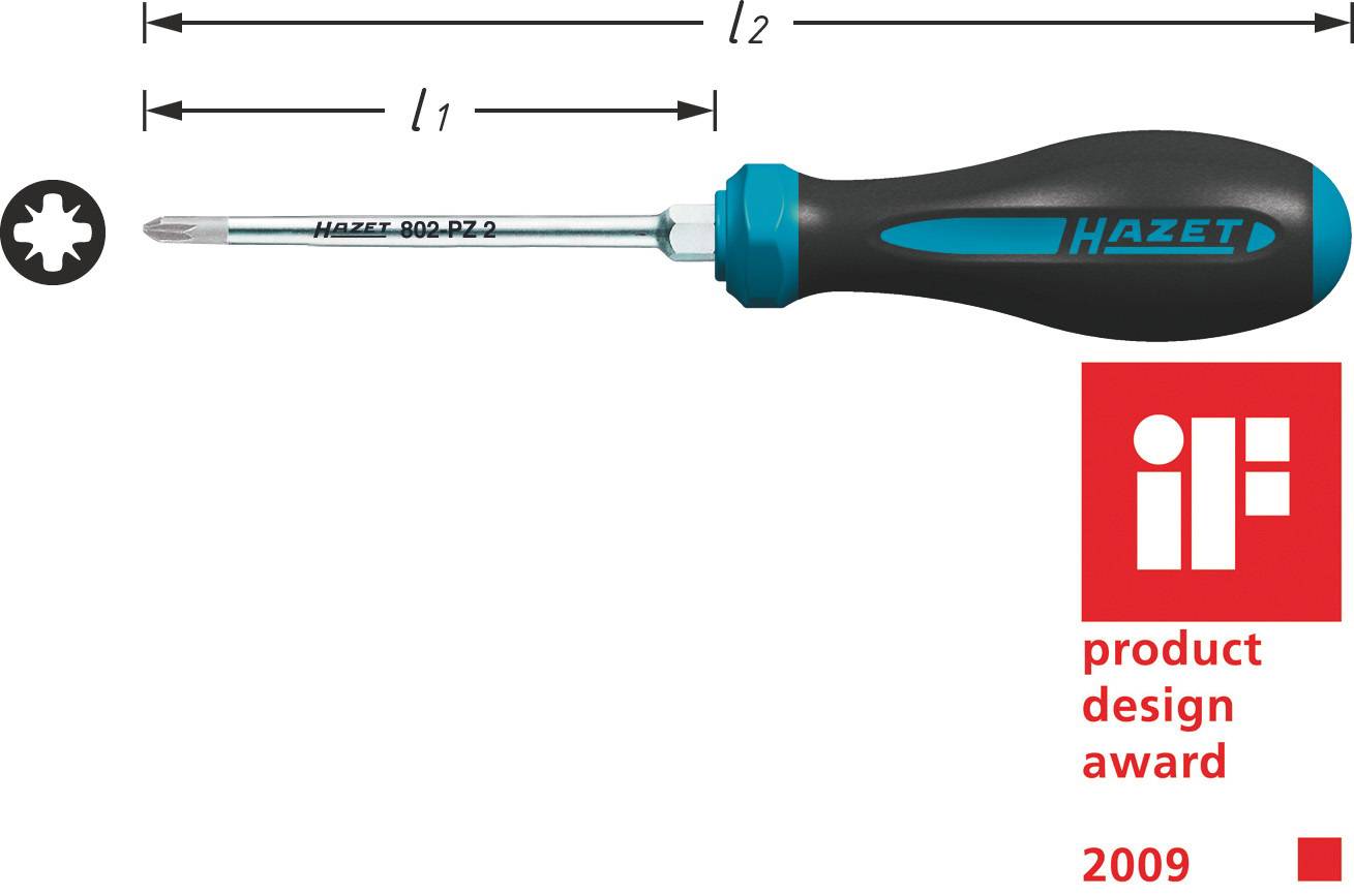 Skrutkovač Hazet s Phillips hrotom a označenými dĺžkami l1 a l2, spolu s odznákom "iF product design award 2009".