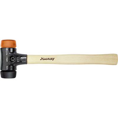 Gumová kladivka s drevenou rukoväťou, čiernou hlavou a oranžovou ochranou na vrchu, na ktorej je nápis 'Hickory'.