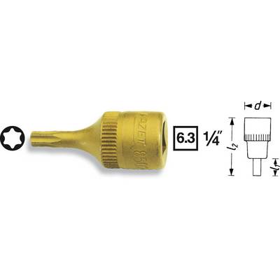 Zlatohnedá skrutkovacia hlavica, šesťhran, 6,3 mm (1/4"). Diagram znázorňuje rozmery: šírka 'd' a celková výška 'l' v mm.