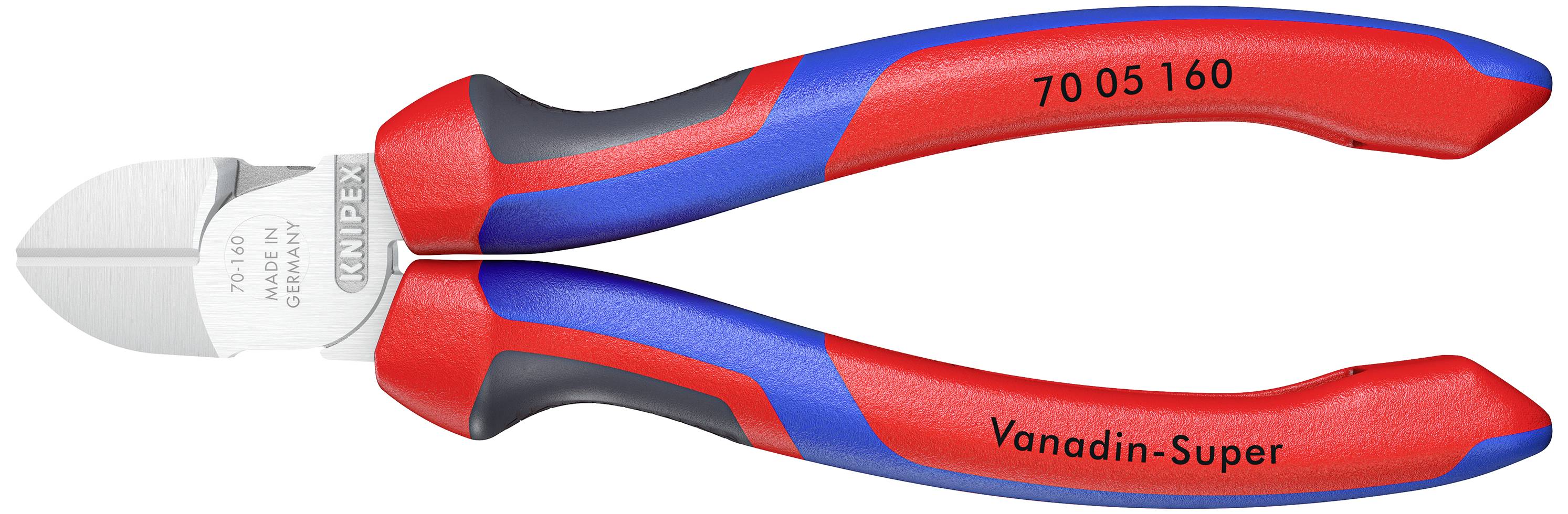 Červené a modré bočné štiepacie kliešte zo série 'Knipex 70 05 160', vyrobené z vanádiové ocele, s ergonomickými rukoväťami.