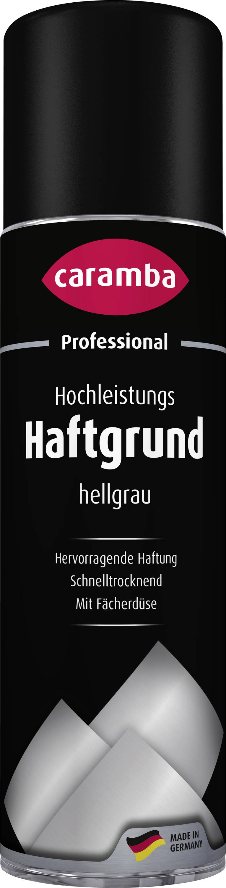Čierna nádoba s aerosólovou farbou označená "caramba Professional Hochleistungs Haftgrund hellgrau" s nemeckou vlajkou a logom "Made in Germany".