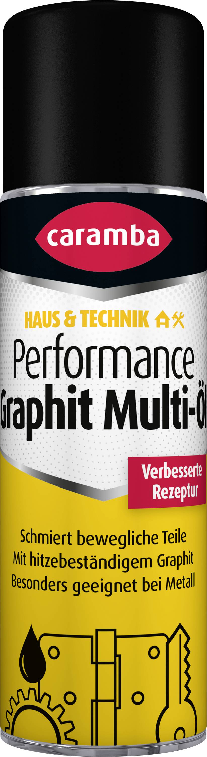 Caramba Performance Graphit Multi olej v spreji pre domácnosť a technické použitie, s mazivom pre pohyblivé kovové diely a zlepšenou ochranou proti hrdzaveniu.