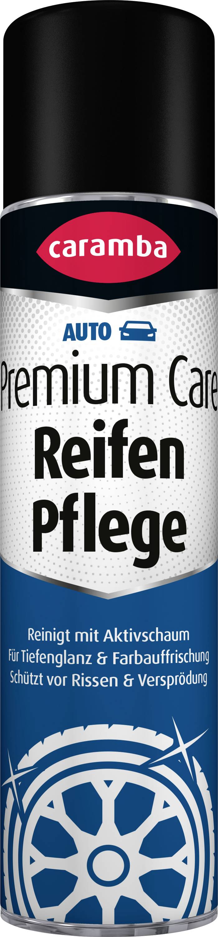 Sprejová fľaša označená "caramba Auto Premium Care Reifen Pflege" na starostlivosť o pneumatiky, ktorá deklaruje čistenie, lesk a ochranu proti praskaniu a vyblednutiu.