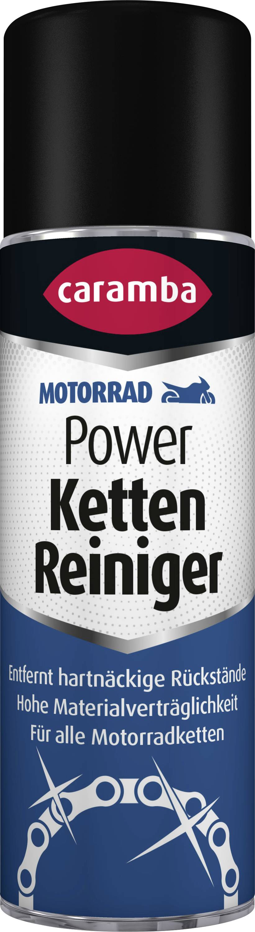 Karamba motorový reťazový čistič v spreji označený „Motorrad Power Ketten Reiniger" na odstránenie tvrdošíjnych zvyškov na všetkých motoristických reťaziach.