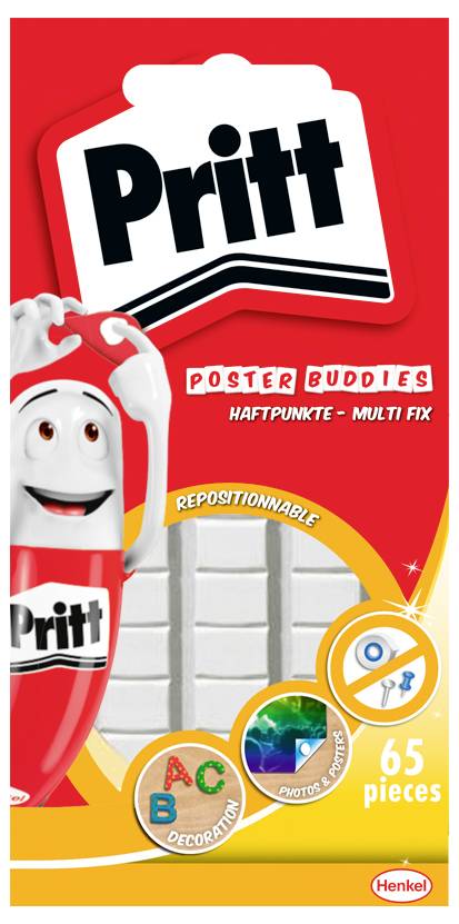 Obal 'Pritt Poster Buddies' s bielou animovanou postavičkou držiacou srdce. Obsahuje 65 lepiacich bodov na výzdobu.