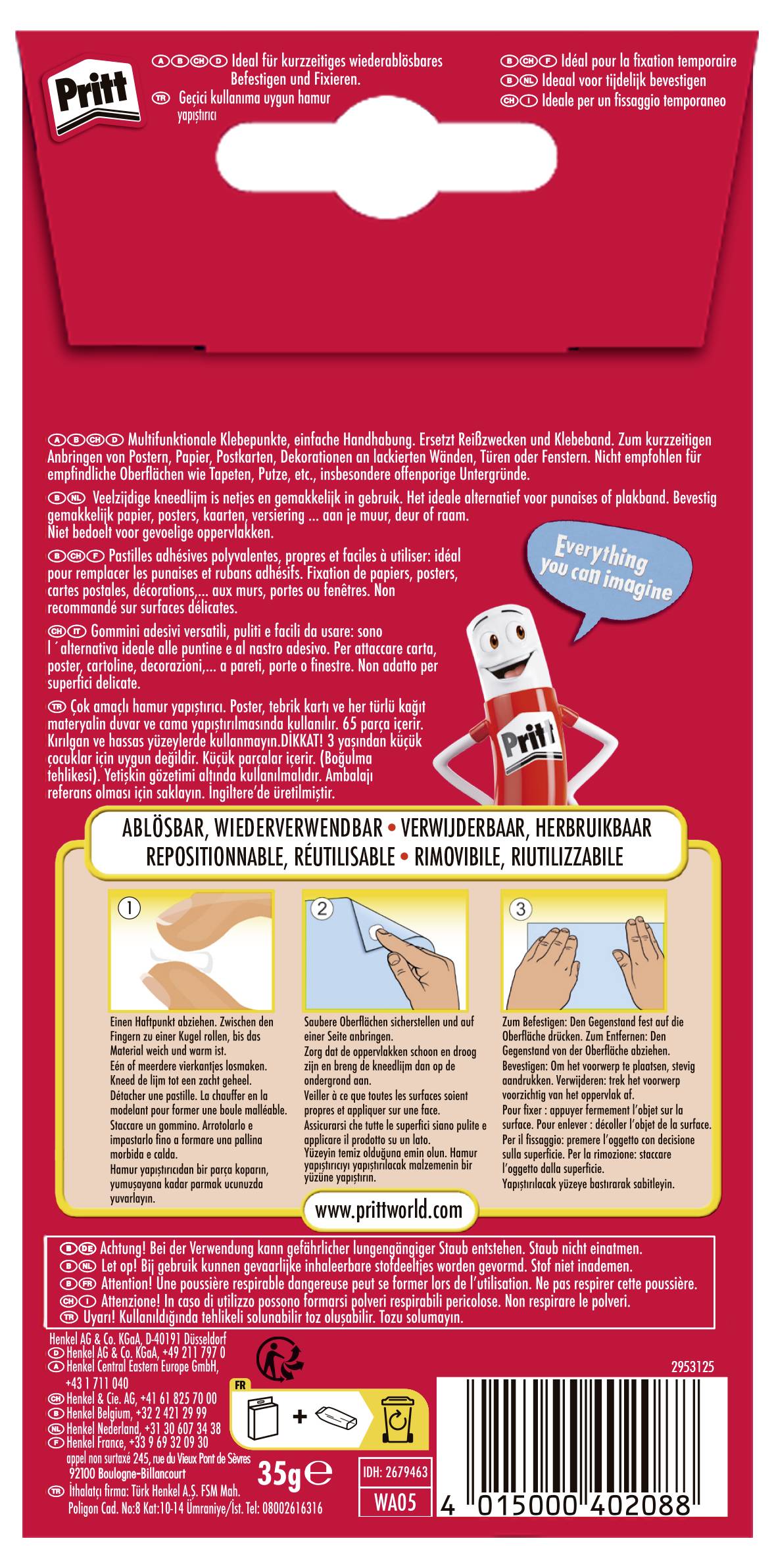Zadná strana červeného lepidla v tyčinke Pritt s viacjazyčnými pokynmi na použitie a premiestnenie. Obsahuje ilustrácie jednotlivých krokov aplikácie.