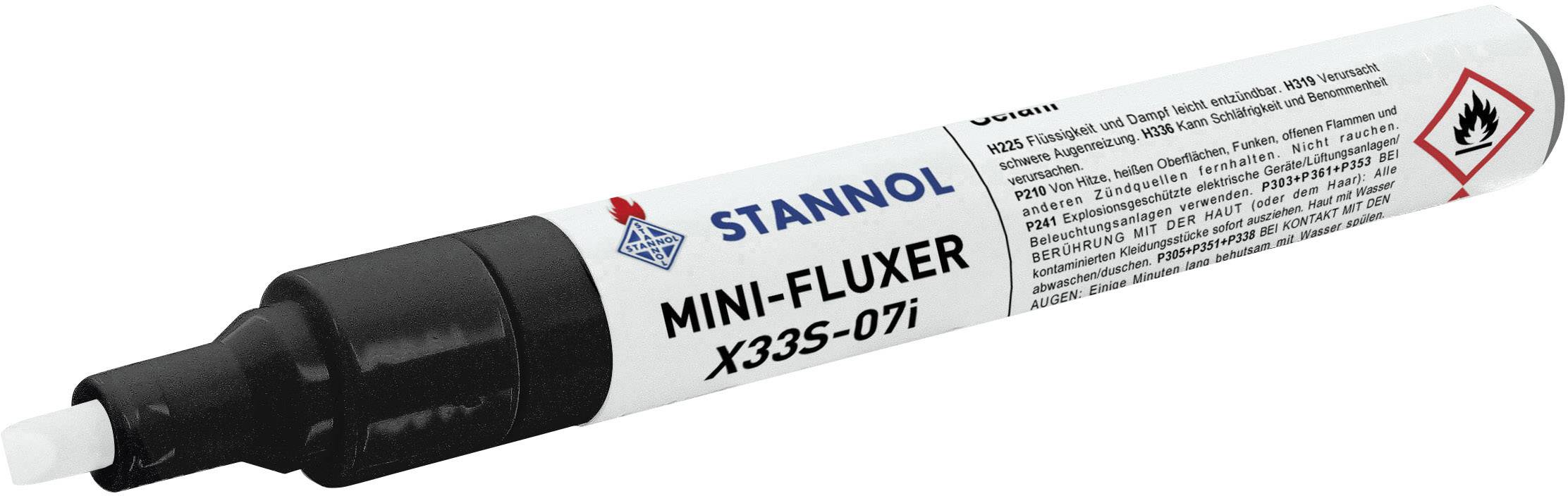 Čierny popisovač s nápisom 'STANNOL MINI-FLUXER X33S-07i'. Vpravo výstražný symbol horľavosti.