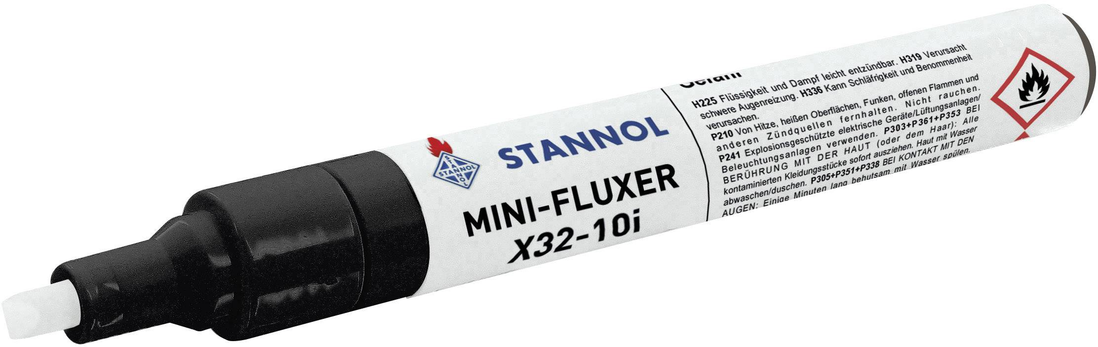 Stannol Mini-Fluxer X32-10i, tužka na tavidlo s čiernym uzáverom, určená pre spájkovacie aplikácie, s výstražnými symbolmi na etikete.