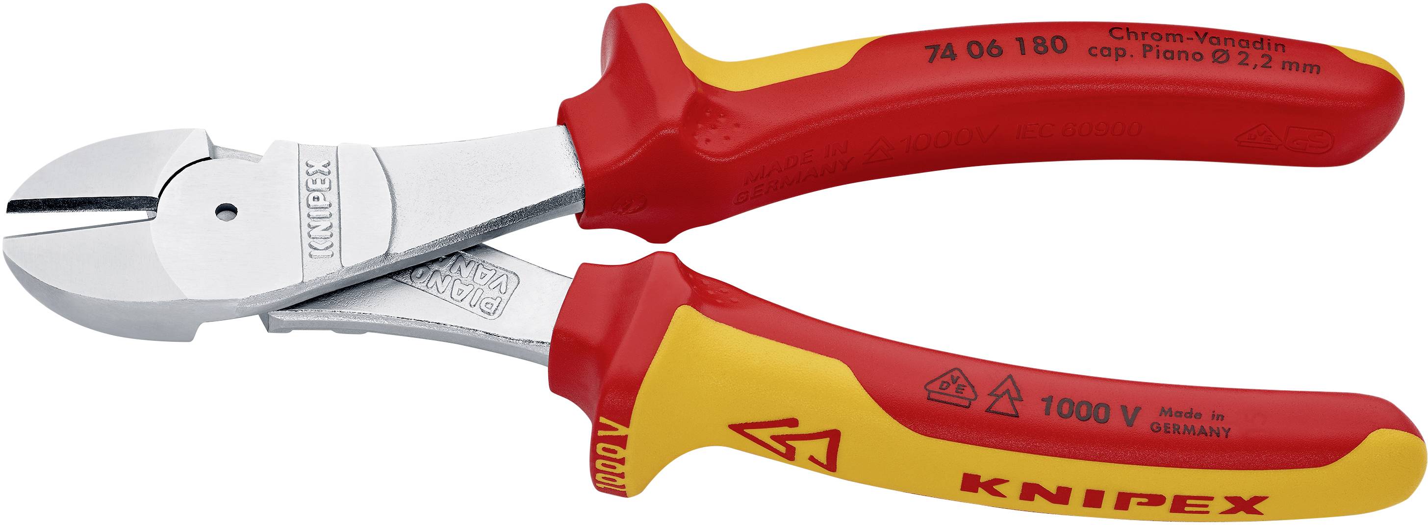 Červené a žlté kombinované kliešte Knipex z chróm-vanádiové ocele s izolovanými rukoväťami a nápisom 'Made in Germany'.