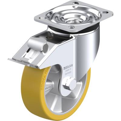 Otočné koliesko so žltým kolesom a kovovým otočným mechanizmom, vhodné pre priemyselné aplikácie. Nápis 'made in Germany'.