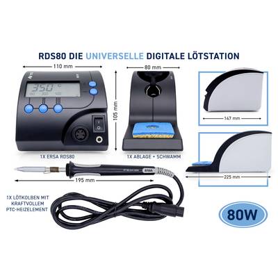 Digitálna spájkovacia stanica RDS80, vrátane spájkovacieho hrotu s výkonom 80W, podložky so špongiou, displej zobrazuje 350 stupňov, rozmery stanice: 105 mm na výšku, 147 mm na šírku.