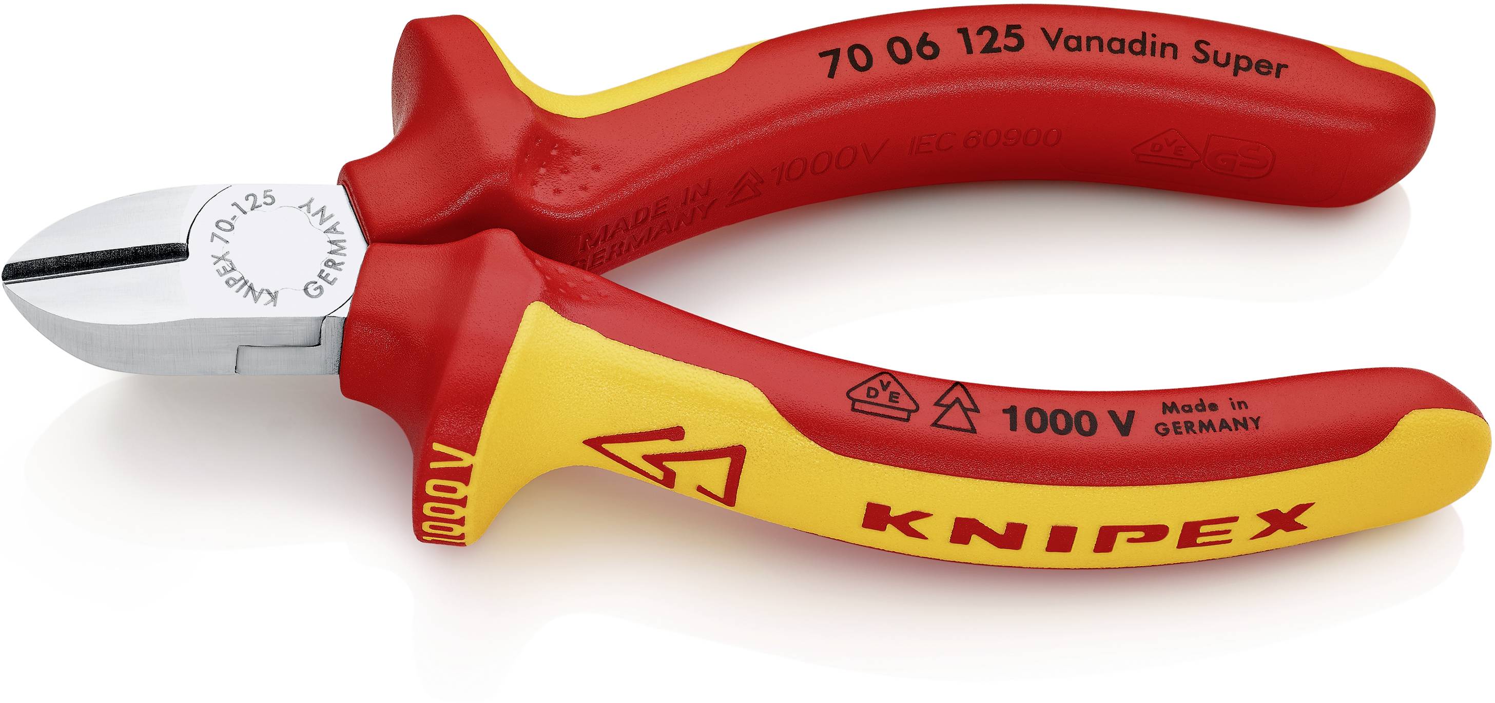 Bočné štiepacie kliešte Knipex, žlto-červené, izolované pre 1000V, s potlačou 'Made in Germany'.
