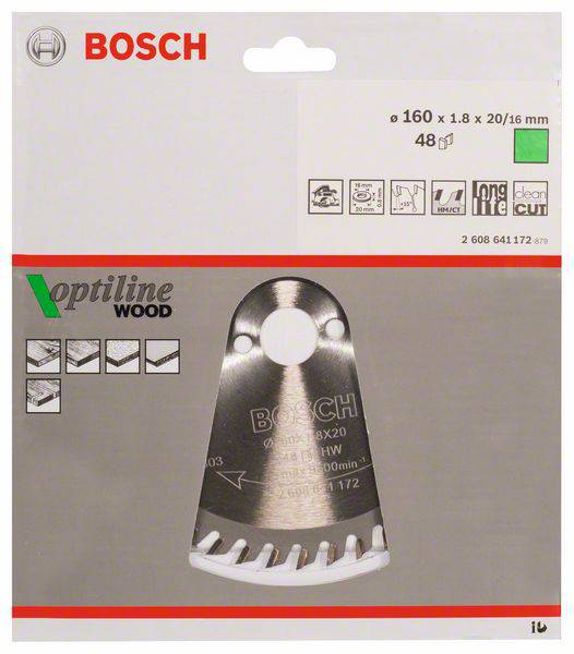 Balenie pílového listu Bosch 'Optiline Wood'. Zobrazuje špecifikácie: priemer 160 mm, hrúbka 1,8 mm, 48 zubov, určený na rezanie dreva.