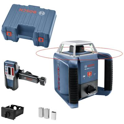 Sada rotačného lasera Bosch so samotným laserom, prijímačom, kufríkom, batériami a stenovou konzolou pre presné nivelačné práce.