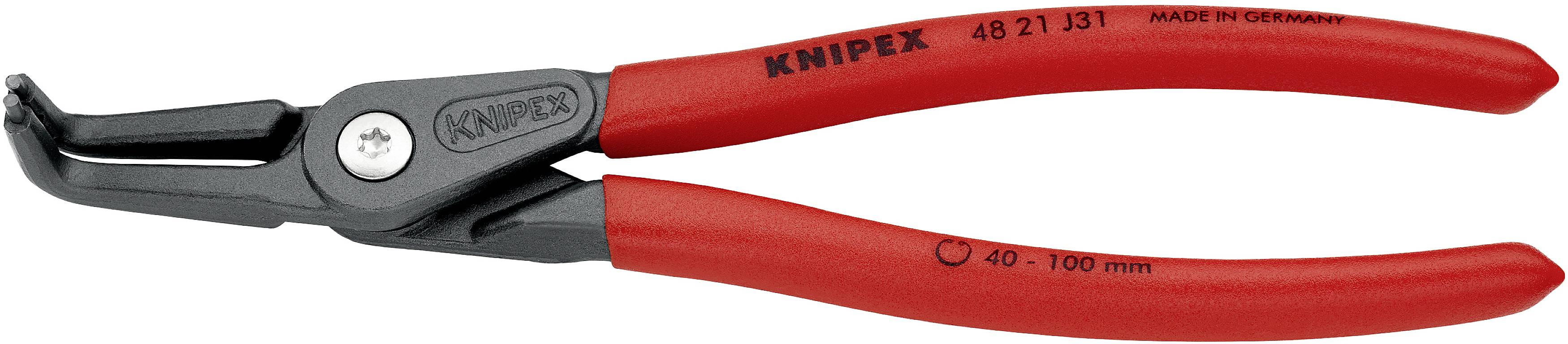 Kliešte KNIPEX na poistné krúžky, vhodné pre vnútorné krúžky s priemerom 40-100 mm. Značenia 'KNIPEX', 'MADE IN GERMANY'.