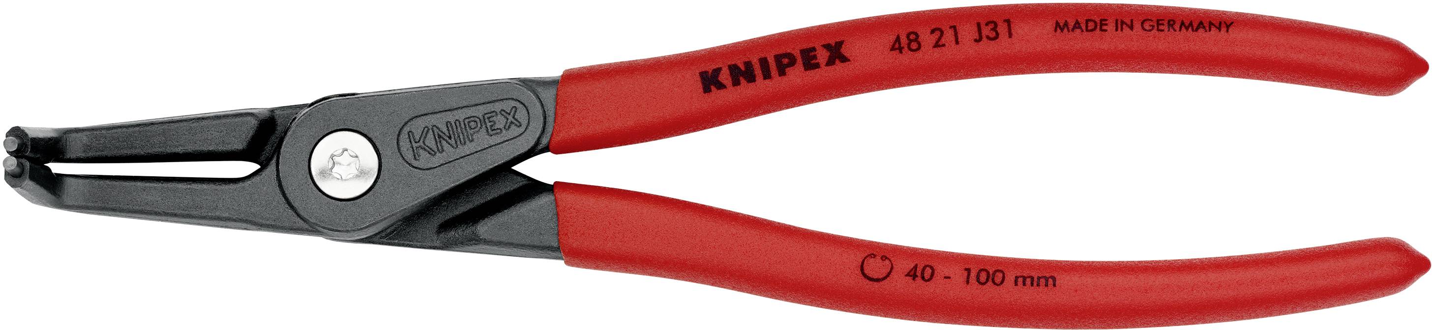 'KNIPEX 48 21 J31 Vyrobené v Nemecku' Červené kliešte na poistné krúžky pre priemer 40-100 mm, vhodné pre profesionálne použitie a opravy.