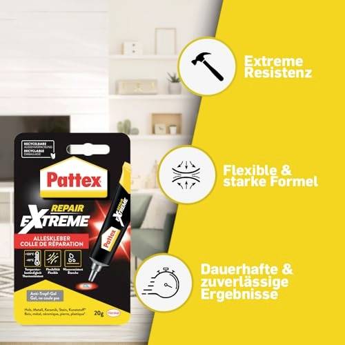 Tuba lepidla 'Pattex' v popredí, obklopená textom: 'Extrémna odolnosť', 'Flexibilný a silný vzorec', 'Trvalé a spoľahlivé výsledky', všetko pred pozadím obývacej izby.