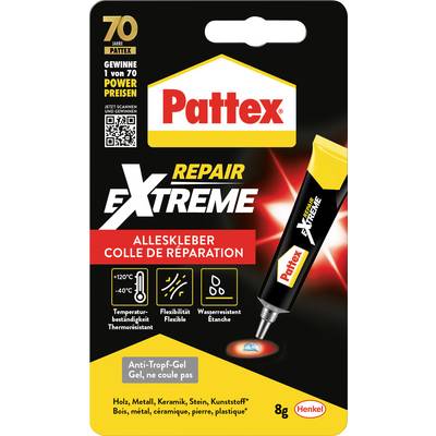 Balenie pre "Pattex Repair Extreme", univerzálne lepidlo. Obsahuje výhody produktu ako napríklad odolnosť voči teplote a flexibilitu.