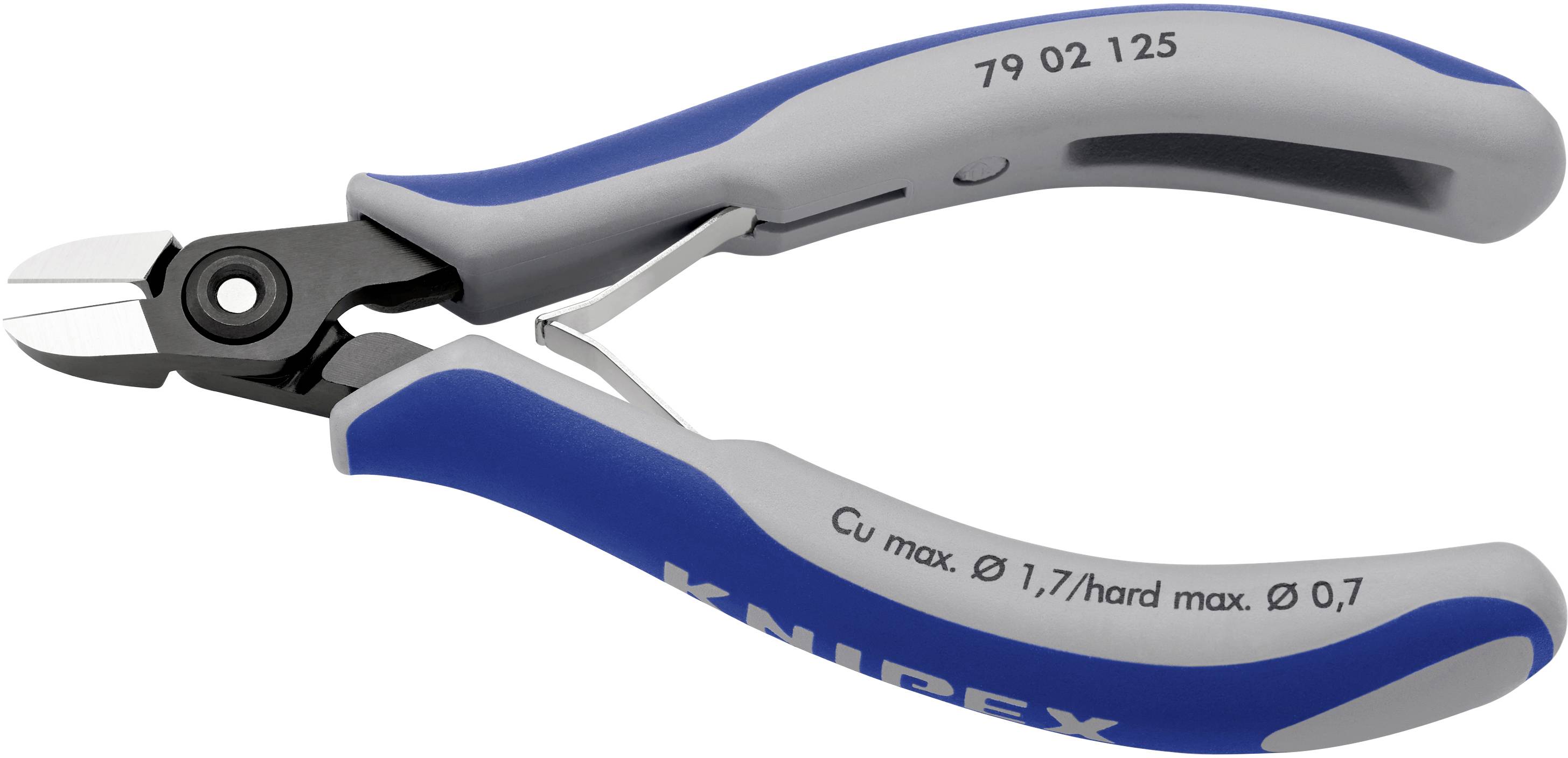 Bočné štiepacie kliešte s modrými rukoväťami a nápisom 'Knipex', vhodné pre medené drôty do priemeru 1,7 mm a tvrdé drôty do priemeru 0,7 mm.