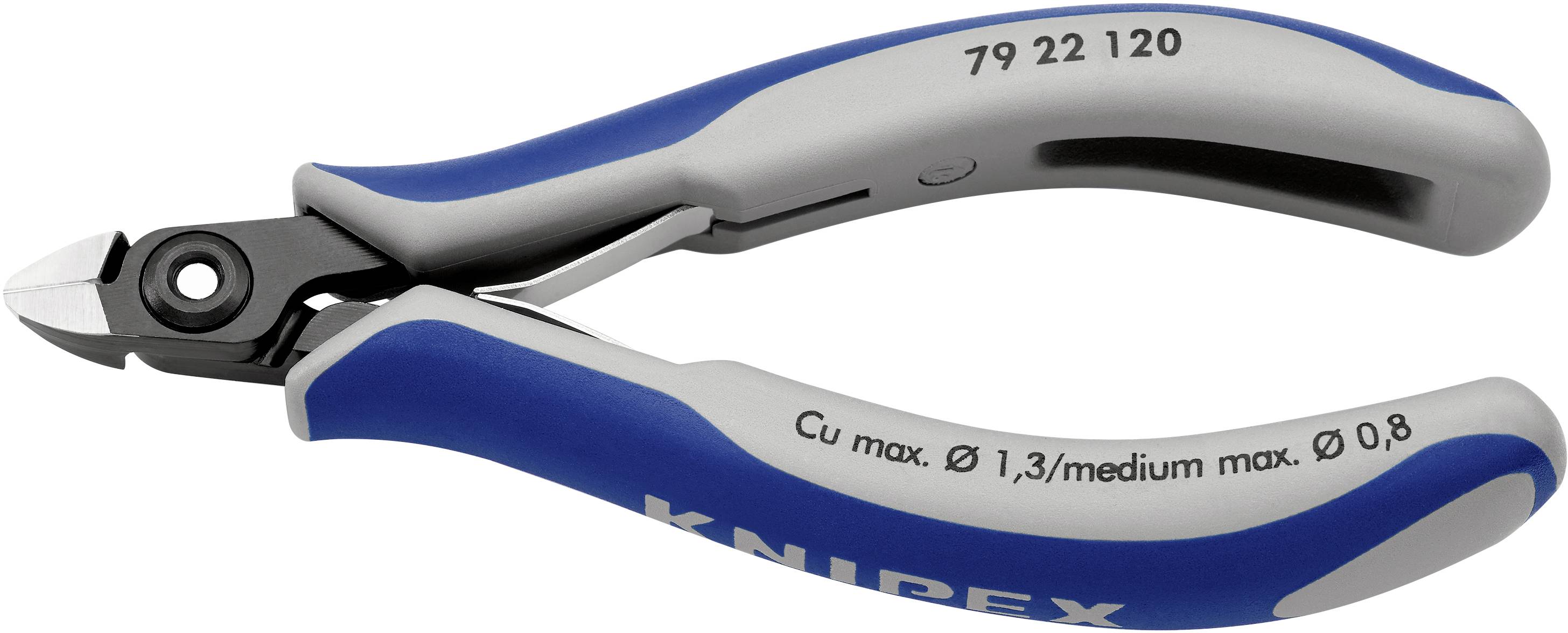 Bočné štiepacie kliešte s modrými a sivými rukoväťami, vhodné pre stredné priemery 0,8 mm, maximálna hrúbka medeneného drôtu 1,3 mm.
