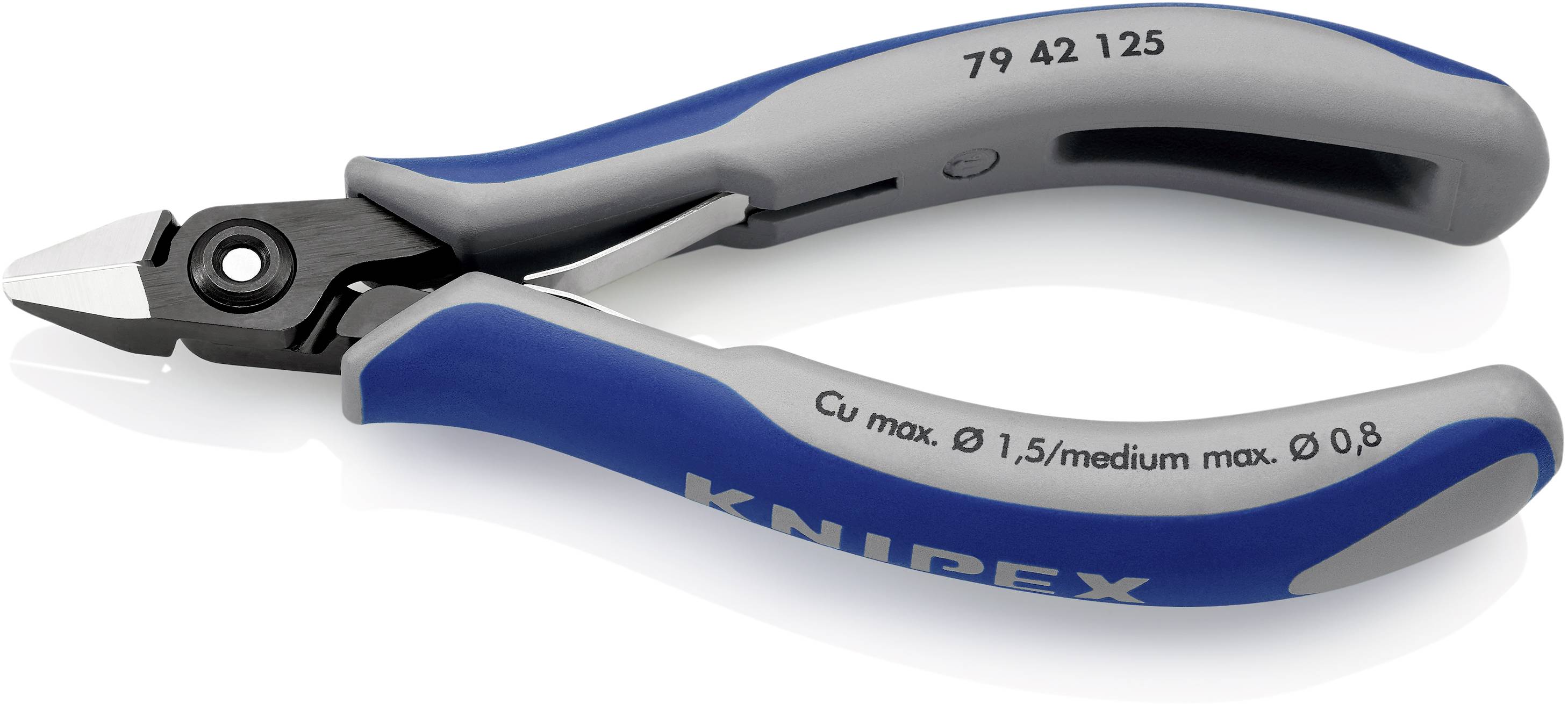 Modré a sivé bočné štiepacie kliešte s nápisom 'KNIPEX' a technickými špecifikáciami na rukoväti.