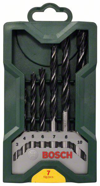 Zelená sada vrtákov Bosch s piatimi vrtákmi rôznych veľkostí, očíslovaná od 4 do 10, v plastovom obale.