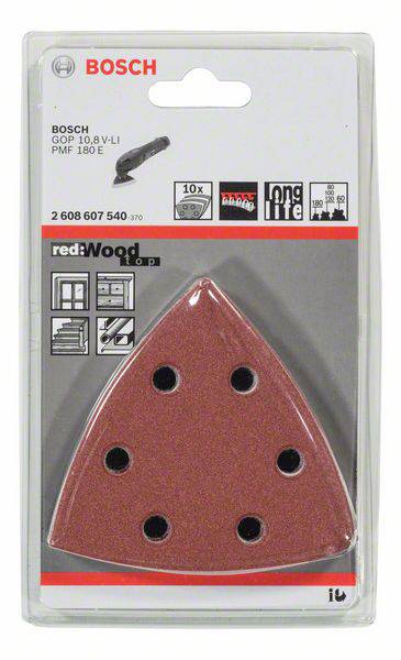 Balenie sady brúsnych papierov Bosch, model redWood, obsahujúce 10 trojuholníkových brúsnych listov, kompatibilných s multifunkčnými nástrojmi Bosch.