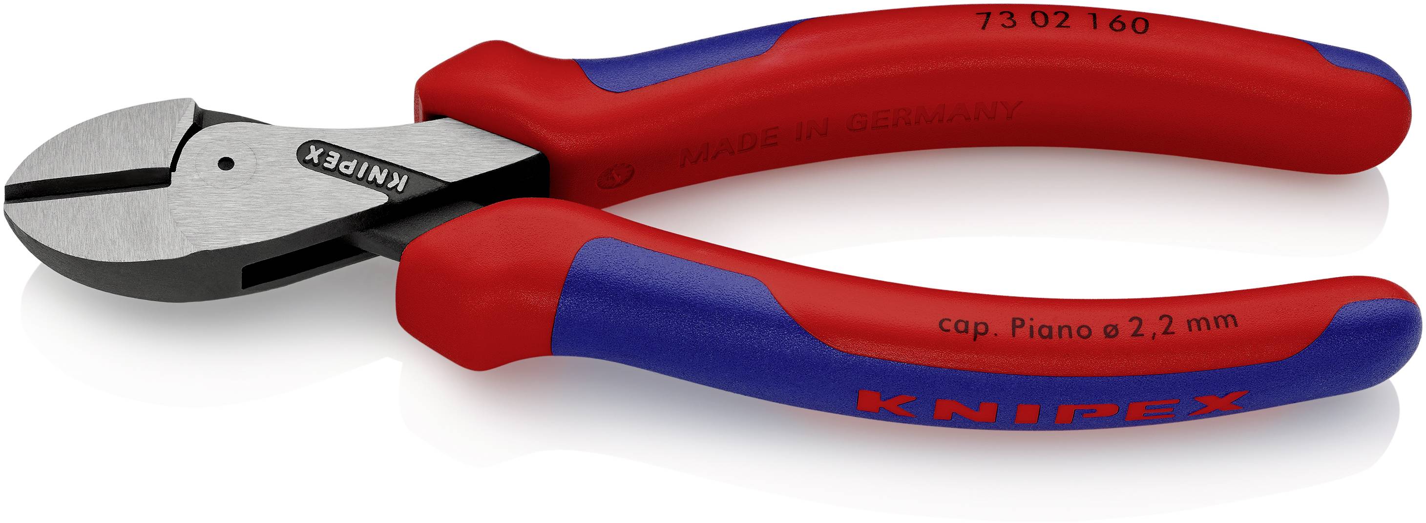 Bočné štiepacie kliešte z ocele s červenými a modrými rukoväťami. Nápis 'KNIPEX' a technické špecifikácie viditeľné.