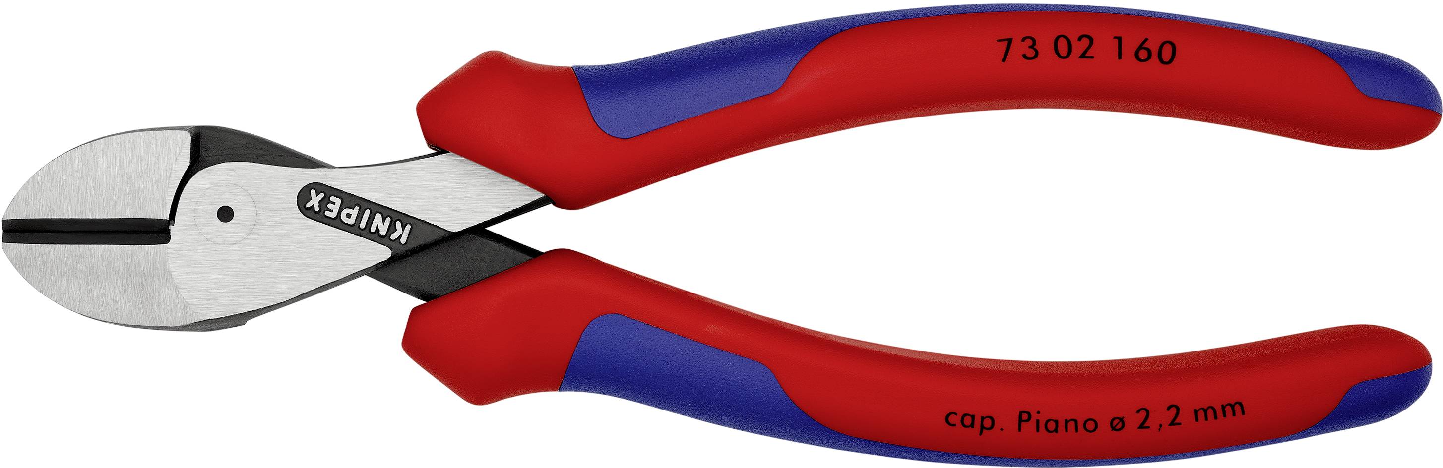Červené a modré štiepacie kliešte so značkou 'Knipex', kapacita 2,2 mm.