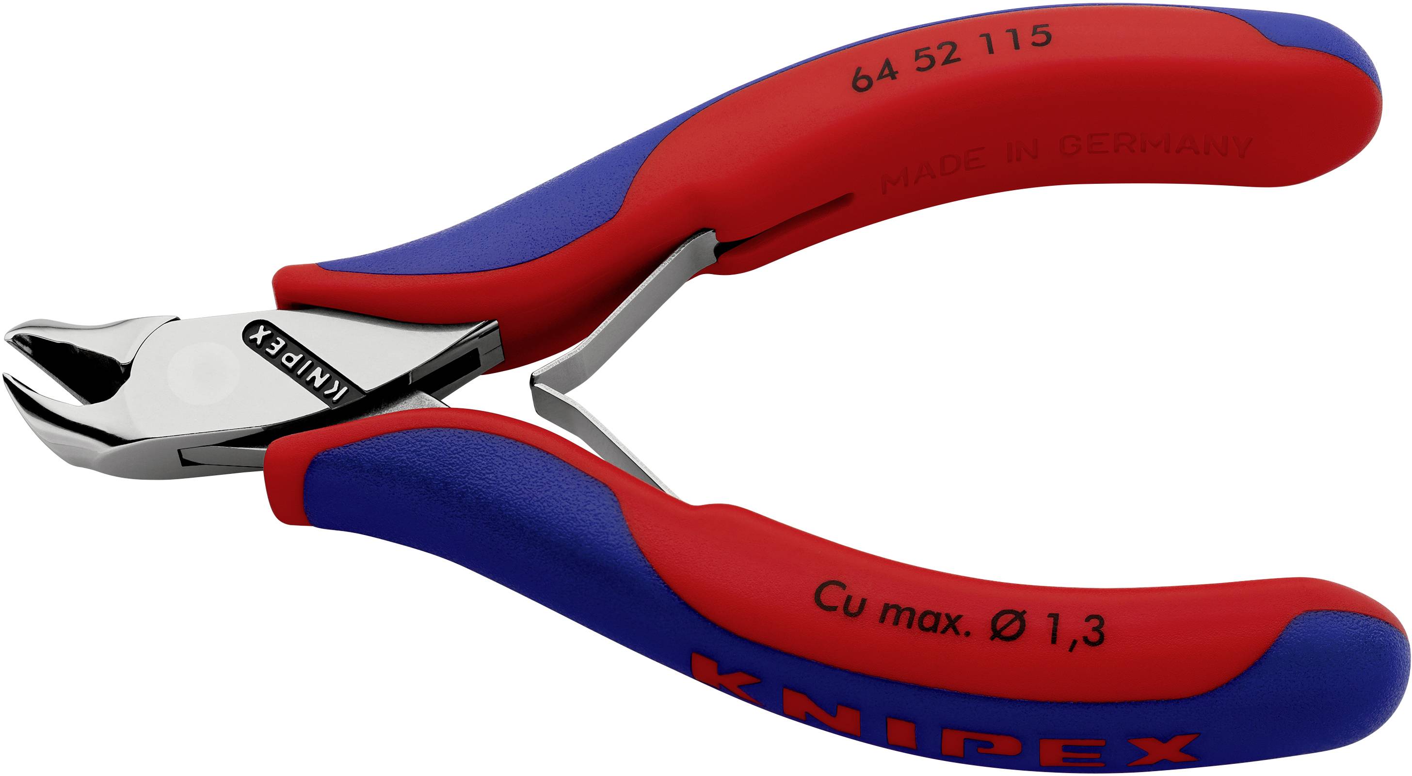 Červené a modré bočné štiepacie kliešte Knipex, vhodné na strihanie medených drôtov s priemerom do 1,3 mm.