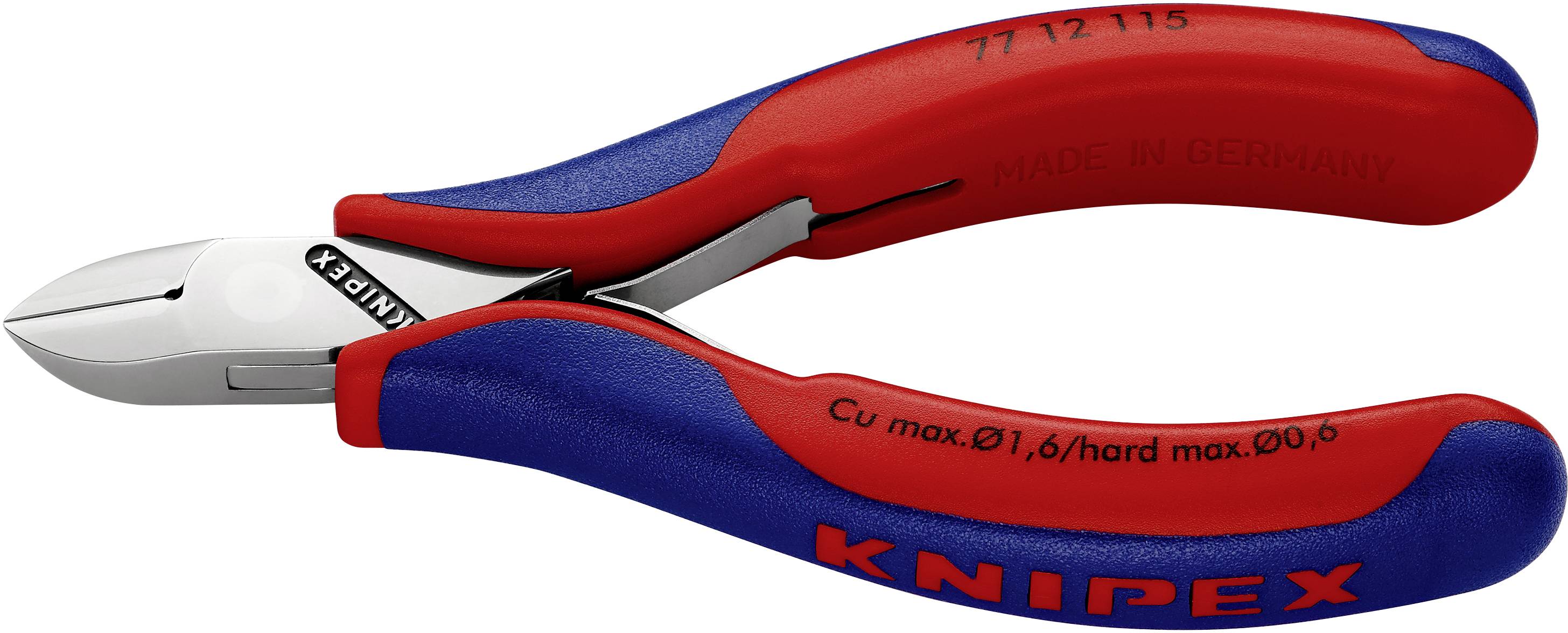 Červené a modré bočné štiepacie kliešte Knipex z kovu pre maximálnu hrúbku drôtu 1,6 mm. S nápisom 'Made in Germany'.
