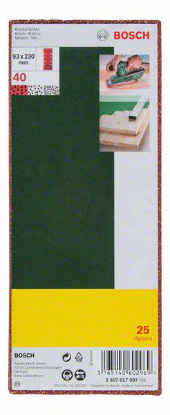 'Brúsny papier Bosch, 93 x 230 mm, zrnitosť 40, 25 kusov. Vhodný pre drevo a náterové práce. Obrázok brúsneho zariadenia na dreve.'